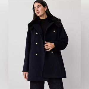 Ann Taylor Faux Fur Collar Double Breasted Swing Coat 825477